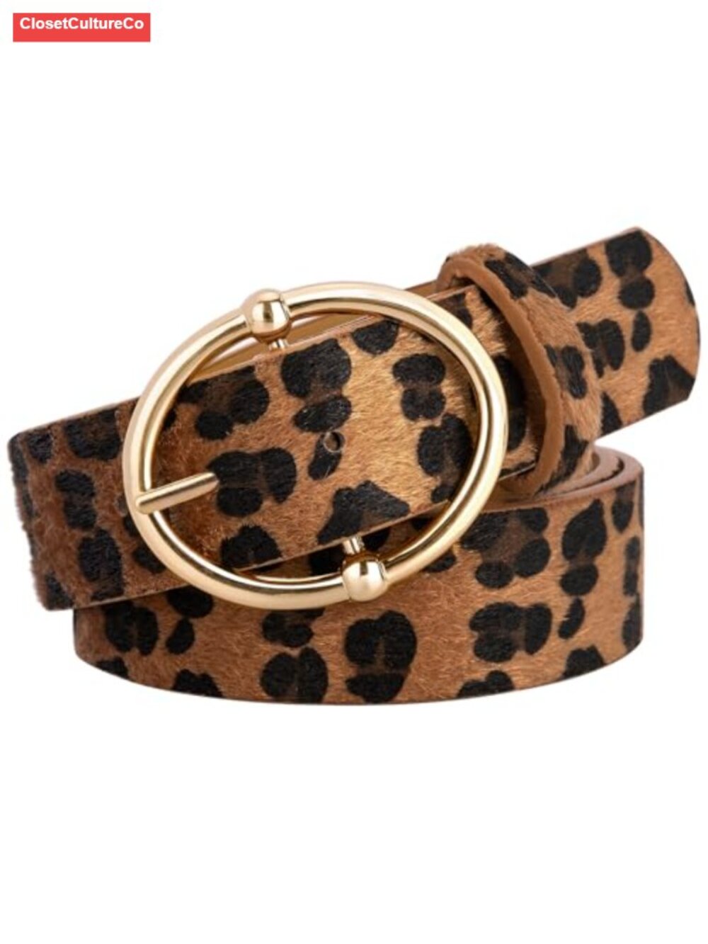 Leopard Print Belt for Women with Gold Buckle, PU Leather Calf Hair, Adjustable